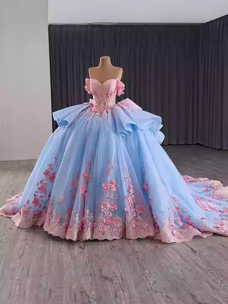 Exquisite Off - Shoulder Blue Tulle Ball Gown with Pink Floral Embroidery and Ruffled Accents Prom Dress, BG008