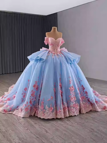 Exquisite Off - Shoulder Blue Tulle Ball Gown with Pink Floral Embroidery and Ruffled Accents Prom Dress, BG008