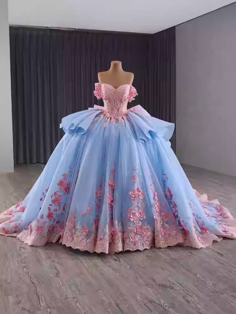 Exquisite Off - Shoulder Blue Tulle Ball Gown with Pink Floral Embroidery and Ruffled Accents Prom Dress, BG008