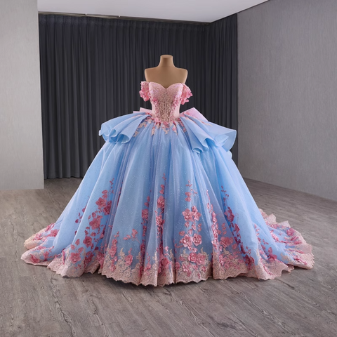 Exquisite Off - Shoulder Blue Tulle Ball Gown with Pink Floral Embroidery and Ruffled Accents Prom Dress, BG008