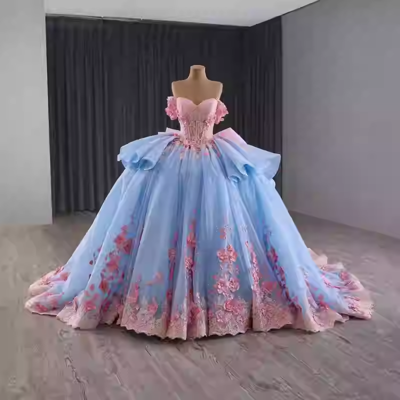 Exquisite Off - Shoulder Blue Tulle Ball Gown with Pink Floral Embroidery and Ruffled Accents Prom Dress, BG008