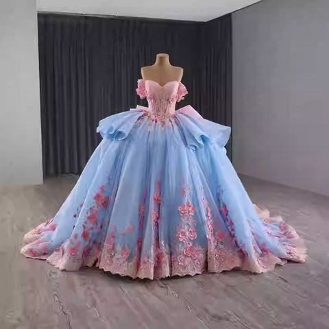 Exquisite Off - Shoulder Blue Tulle Ball Gown with Pink Floral Embroidery and Ruffled Accents Prom Dress, BG008