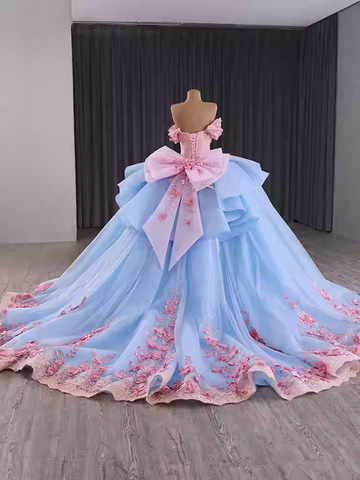 Exquisite Off - Shoulder Blue Tulle Ball Gown with Pink Floral Embroidery and Ruffled Accents Prom Dress, BG008