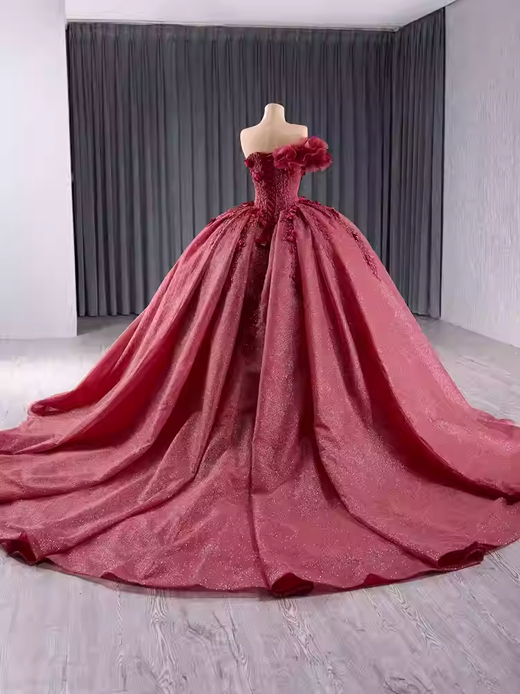 Elegant One - Shoulder Burgundy Ball Gown with Floral Appliqués and Flowing Prom Dress, BG009