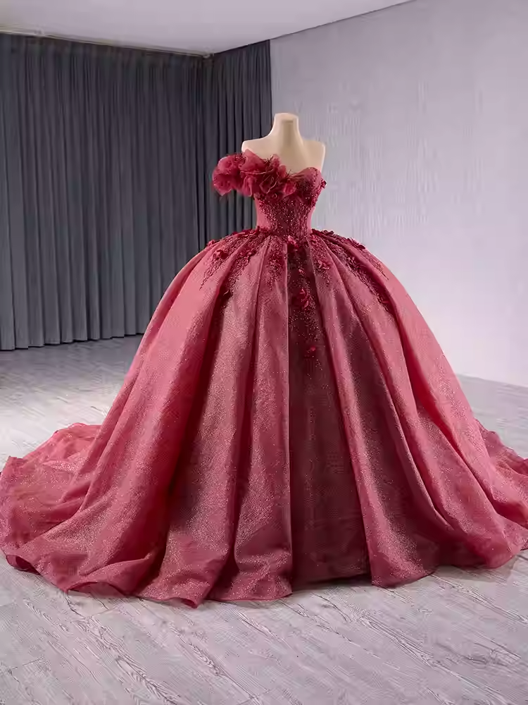 Elegant One - Shoulder Burgundy Ball Gown with Floral Appliqués and Flowing Prom Dress, BG009