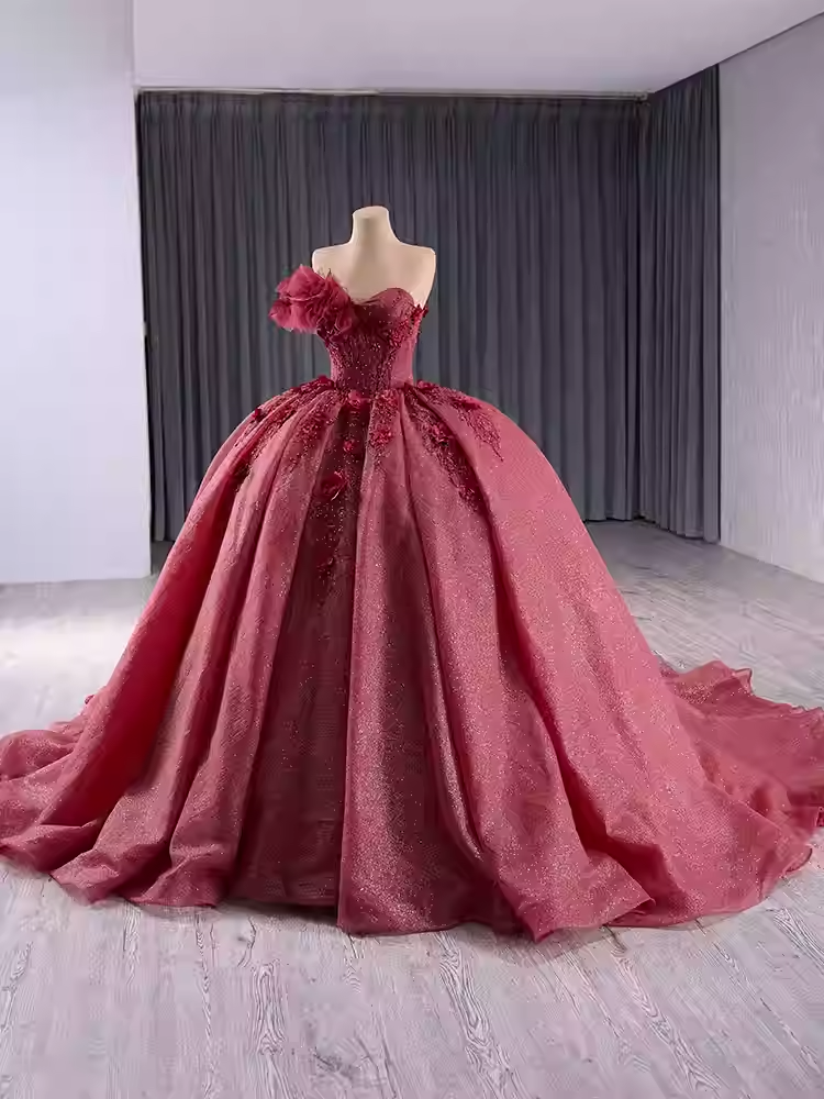 Elegant One - Shoulder Burgundy Ball Gown with Floral Appliqués and Flowing Prom Dress, BG009