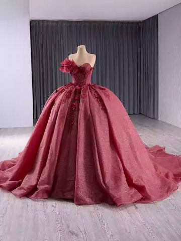 Elegant One - Shoulder Burgundy Ball Gown with Floral Appliqués and Flowing Prom Dress, BG009