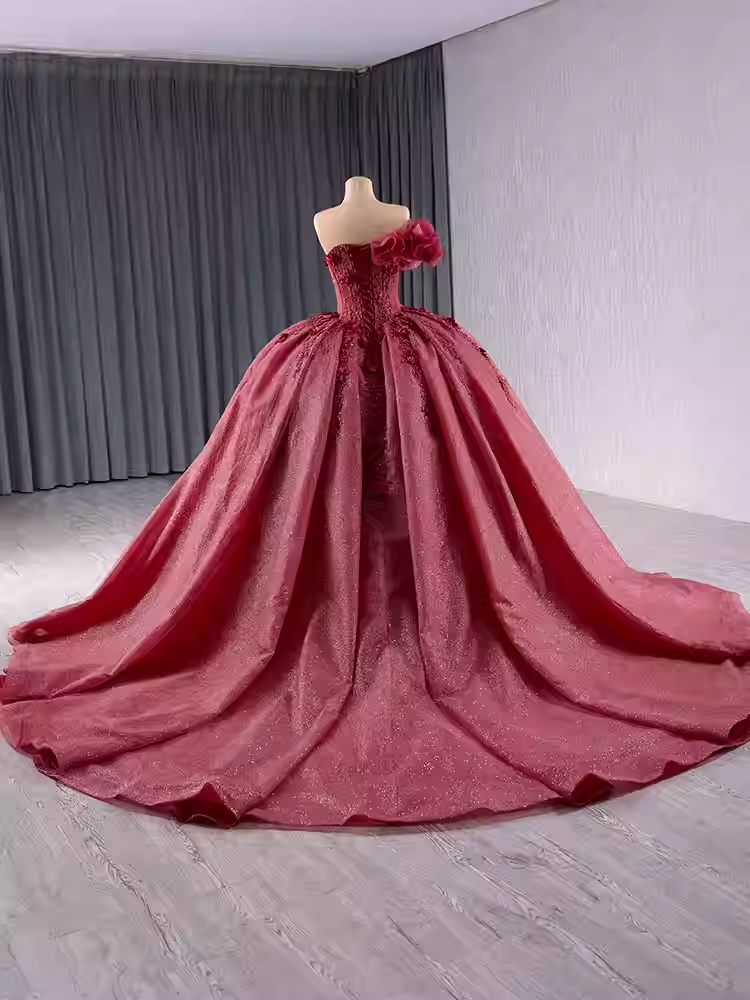 Elegant One - Shoulder Burgundy Ball Gown with Floral Appliqués and Flowing Prom Dress, BG009