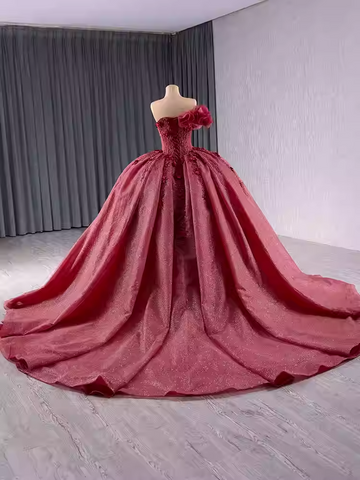 Elegant One - Shoulder Burgundy Ball Gown with Floral Appliqués and Flowing Prom Dress, BG009