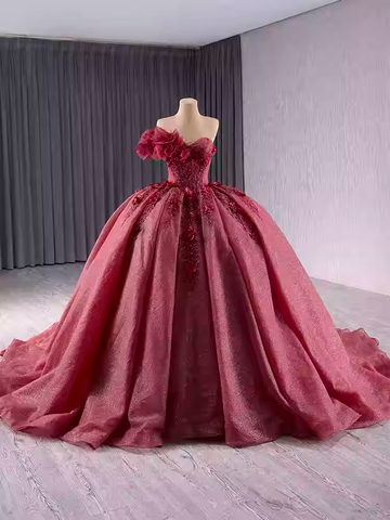 Elegant One - Shoulder Burgundy Ball Gown with Floral Appliqués and Flowing Prom Dress, BG009