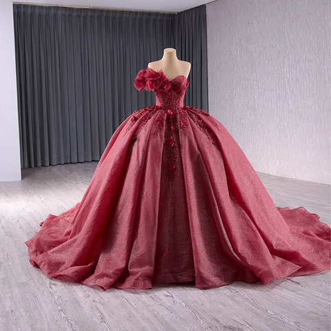 Elegant One - Shoulder Burgundy Ball Gown with Floral Appliqués and Flowing Prom Dress, BG009