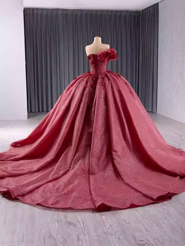 Elegant One - Shoulder Burgundy Ball Gown with Floral Appliqués and Flowing Prom Dress, BG009