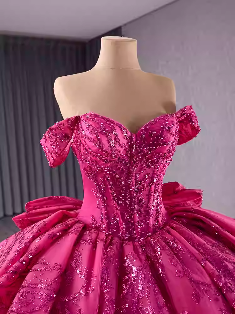 Glamorous Off - Shoulder Hot Pink Embroidered Ball Gown with Ruffled Details Prom Dress, BG010