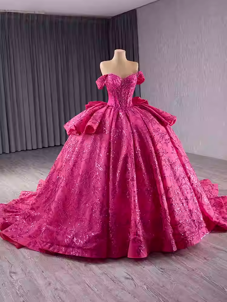 Glamorous Off - Shoulder Hot Pink Embroidered Ball Gown with Ruffled Details Prom Dress, BG010