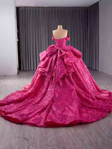 Glamorous Off - Shoulder Hot Pink Embroidered Ball Gown with Ruffled Details Prom Dress, BG010