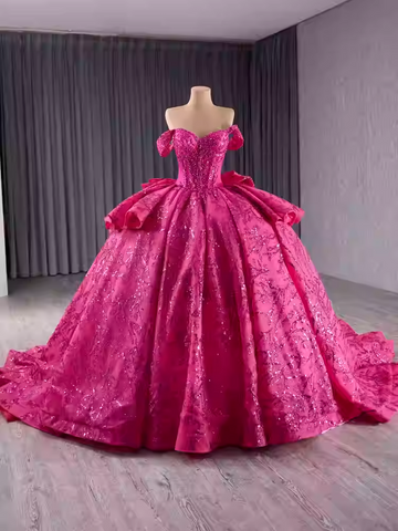 Glamorous Off - Shoulder Hot Pink Embroidered Ball Gown with Ruffled Details Prom Dress, BG010