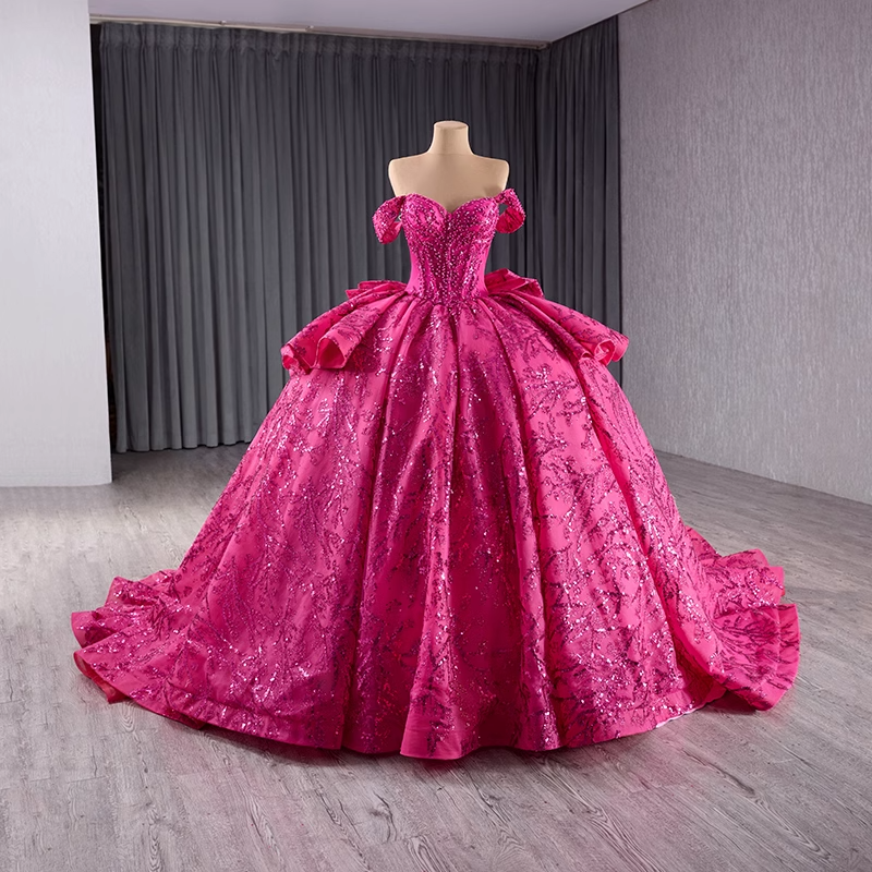 Glamorous Off - Shoulder Hot Pink Embroidered Ball Gown with Ruffled Details Prom Dress, BG010