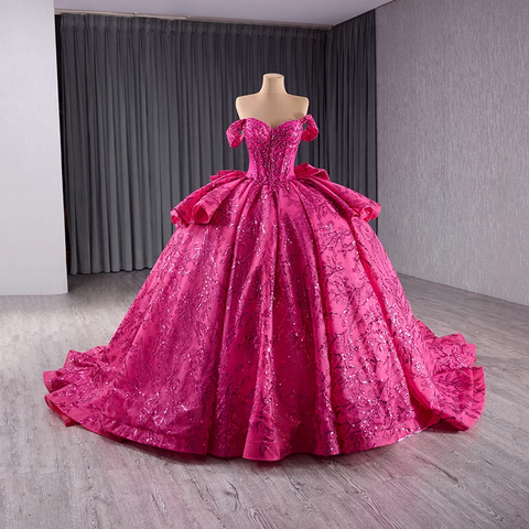 Glamorous Off - Shoulder Hot Pink Embroidered Ball Gown with Ruffled Details Prom Dress, BG010