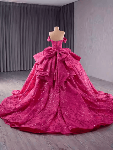 Glamorous Off - Shoulder Hot Pink Embroidered Ball Gown with Ruffled Details Prom Dress, BG010