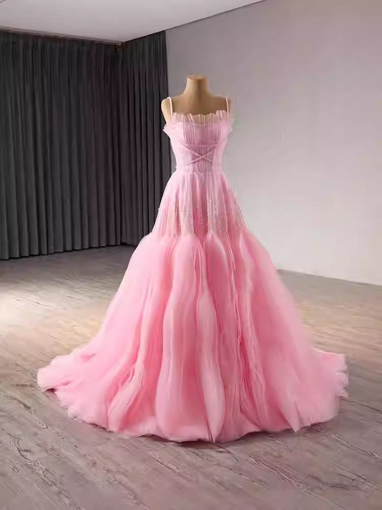 Romantic Strapless Pink Tulle Ball Gown with Corset - Style Bodice and Flowing Prom Dress, BG011