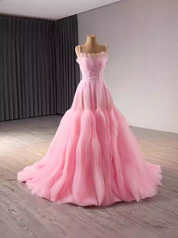Romantic Strapless Pink Tulle Ball Gown with Corset - Style Bodice and Flowing Prom Dress, BG011
