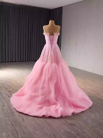 Romantic Strapless Pink Tulle Ball Gown with Corset - Style Bodice and Flowing Prom Dress, BG011