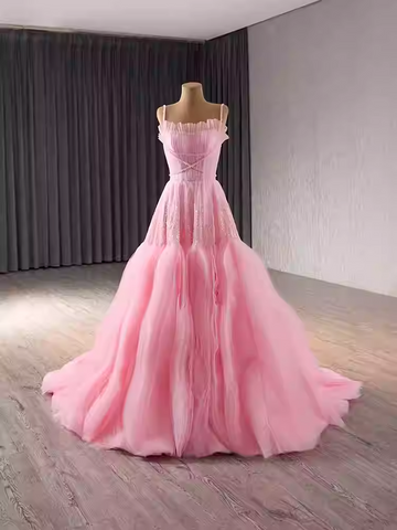 Romantic Strapless Pink Tulle Ball Gown with Corset - Style Bodice and Flowing Prom Dress, BG011