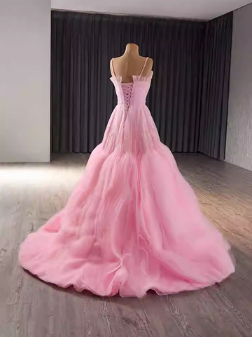 Romantic Strapless Pink Tulle Ball Gown with Corset - Style Bodice and Flowing Prom Dress, BG011
