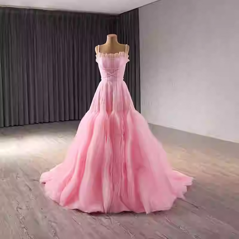 Romantic Strapless Pink Tulle Ball Gown with Corset - Style Bodice and Flowing Prom Dress, BG011