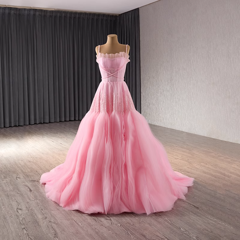Romantic Strapless Pink Tulle Ball Gown with Corset - Style Bodice and Flowing Prom Dress, BG011