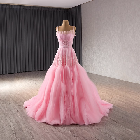 Romantic Strapless Pink Tulle Ball Gown with Corset - Style Bodice and Flowing Prom Dress, BG011