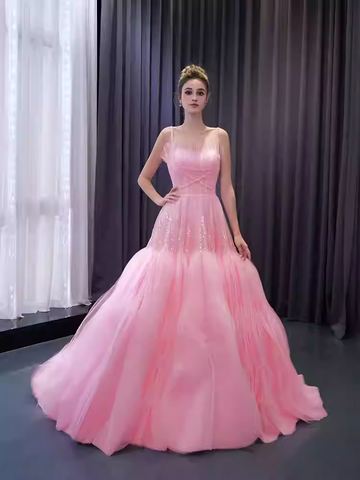 Romantic Strapless Pink Tulle Ball Gown with Corset - Style Bodice and Flowing Prom Dress, BG011