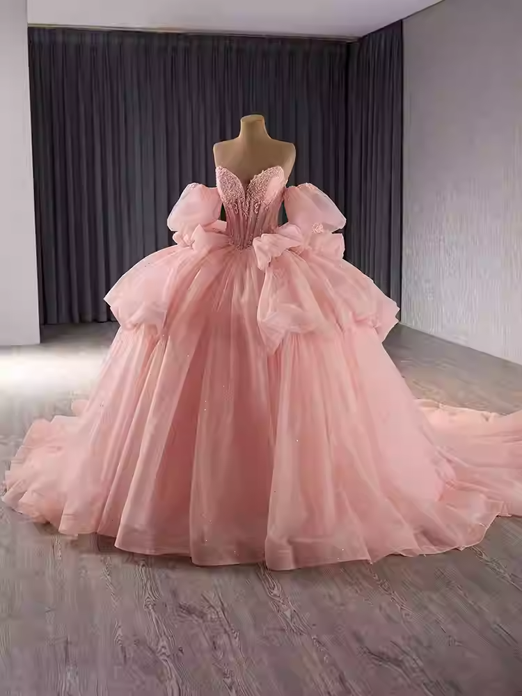 Chic Strapless Pink Tulle Ball Gown with Embellished Bodice and Oversized Bow Prom Dress, BG012