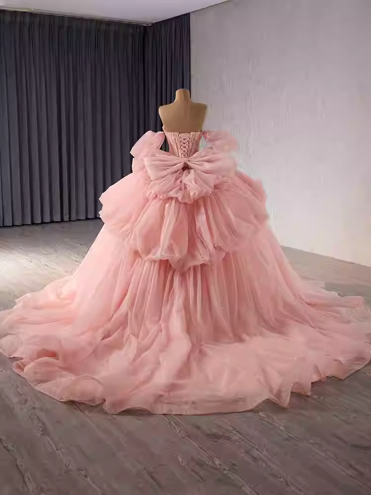 Chic Strapless Pink Tulle Ball Gown with Embellished Bodice and Oversized Bow Prom Dress, BG012