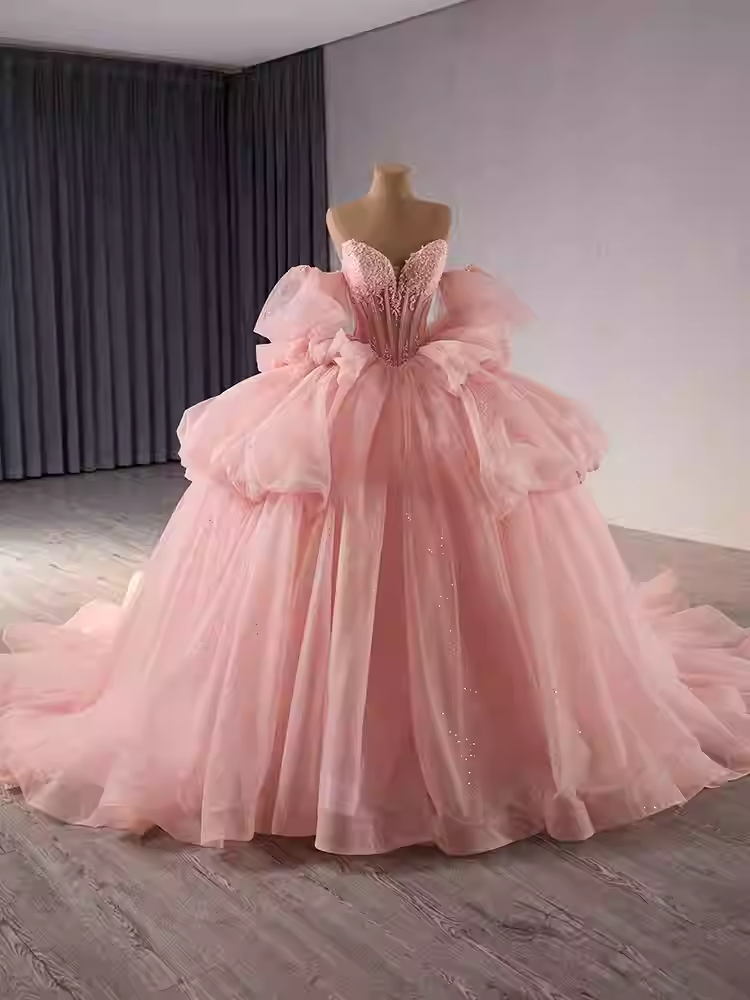Chic Strapless Pink Tulle Ball Gown with Embellished Bodice and Oversized Bow Prom Dress, BG012