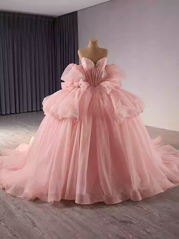 Chic Strapless Pink Tulle Ball Gown with Embellished Bodice and Oversized Bow Prom Dress, BG012