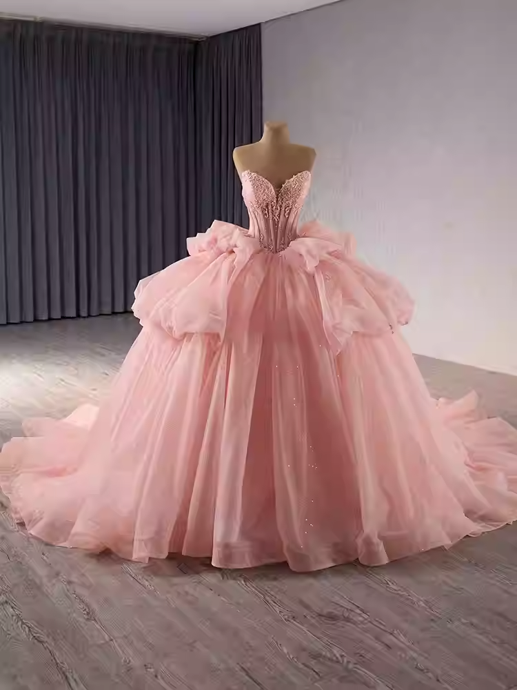 Chic Strapless Pink Tulle Ball Gown with Embellished Bodice and Oversized Bow Prom Dress, BG012