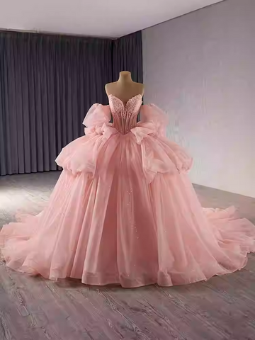 Chic Strapless Pink Tulle Ball Gown with Embellished Bodice and Oversized Bow Prom Dress, BG012