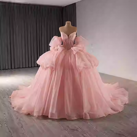 Chic Strapless Pink Tulle Ball Gown with Embellished Bodice and Oversized Bow Prom Dress, BG012