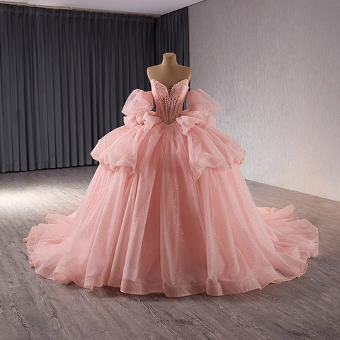 Chic Strapless Pink Tulle Ball Gown with Embellished Bodice and Oversized Bow Prom Dress, BG012