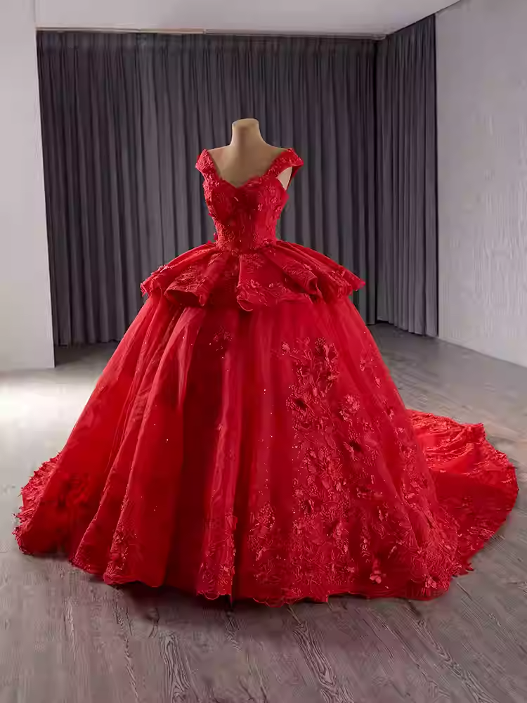 Dazzling Sleeveless Red Ball Gown with Ruffled Accents and Embellishments Prom Dress, BG013