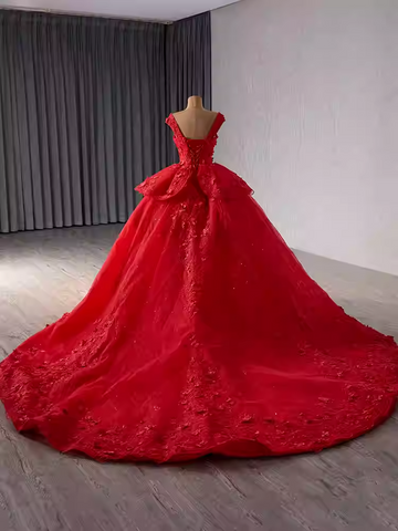 Dazzling Sleeveless Red Ball Gown with Ruffled Accents and Embellishments Prom Dress, BG013