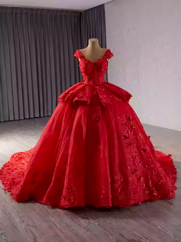 Dazzling Sleeveless Red Ball Gown with Ruffled Accents and Embellishments Prom Dress, BG013