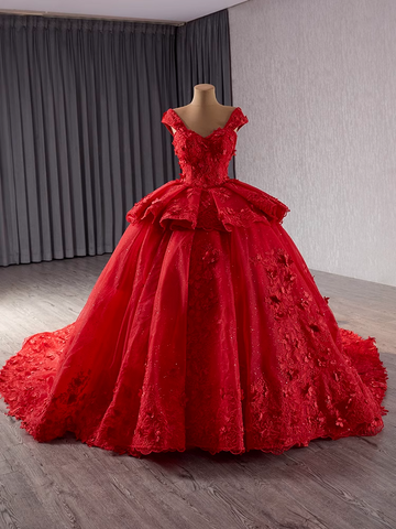 Dazzling Sleeveless Red Ball Gown with Ruffled Accents and Embellishments Prom Dress, BG013