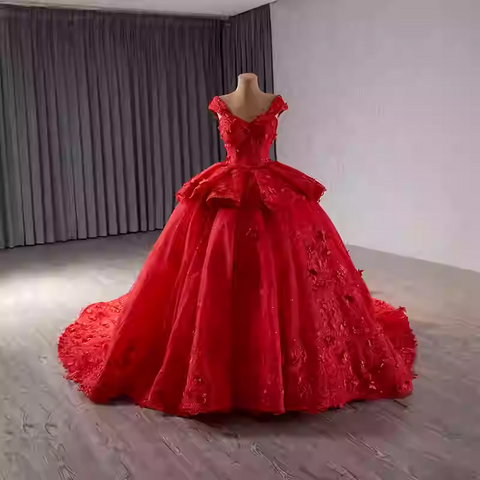 Dazzling Sleeveless Red Ball Gown with Ruffled Accents and Embellishments Prom Dress, BG013