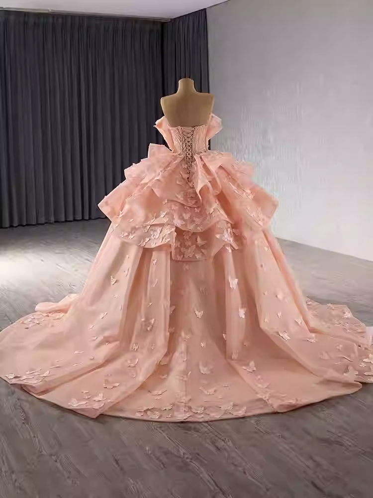 Graceful Strapless Peach Ball Gown with Ruffled Bodice and Butterfly Embellishments Prom Dress, BG014