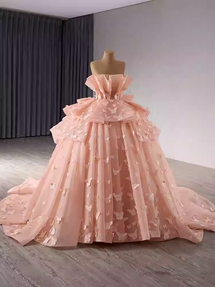 Graceful Strapless Peach Ball Gown with Ruffled Bodice and Butterfly Embellishments Prom Dress, BG014