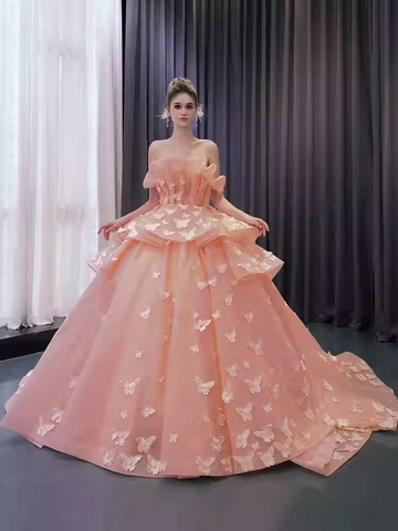Graceful Strapless Peach Ball Gown with Ruffled Bodice and Butterfly Embellishments Prom Dress, BG014
