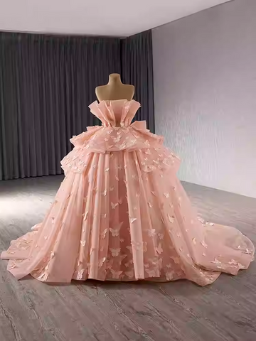 Graceful Strapless Peach Ball Gown with Ruffled Bodice and Butterfly Embellishments Prom Dress, BG014