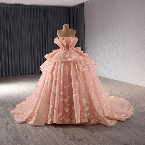 Graceful Strapless Peach Ball Gown with Ruffled Bodice and Butterfly Embellishments Prom Dress, BG014